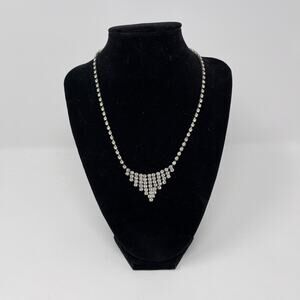 Rhinestone Tiered Evening Necklace Fancy Tennis Statement Costume Silver Tone